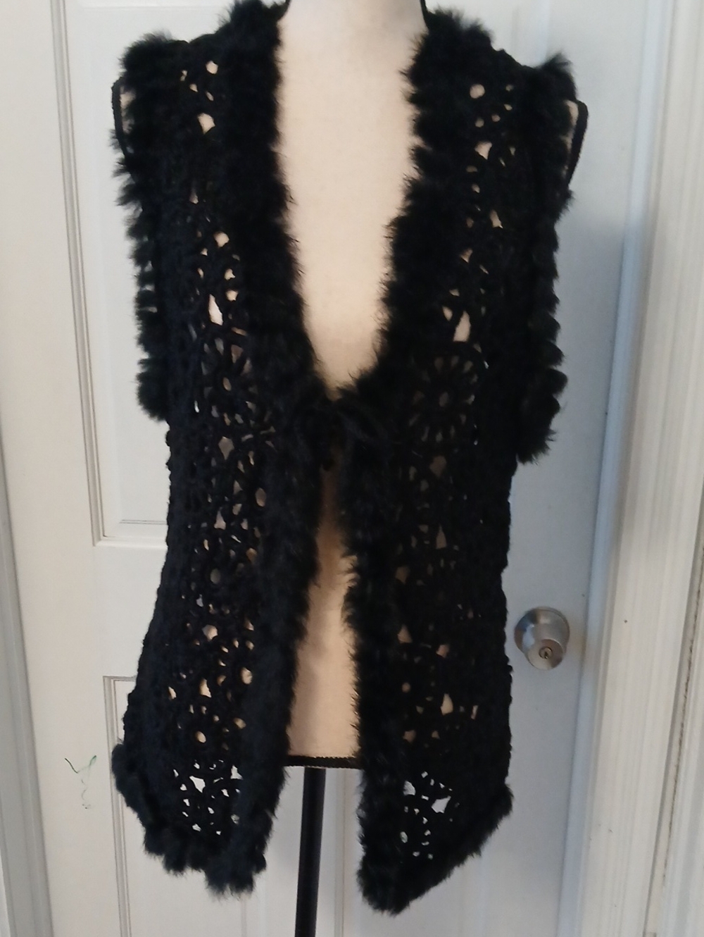 Josephine Chaus Black Crochet Vest with Faux Fur Trim